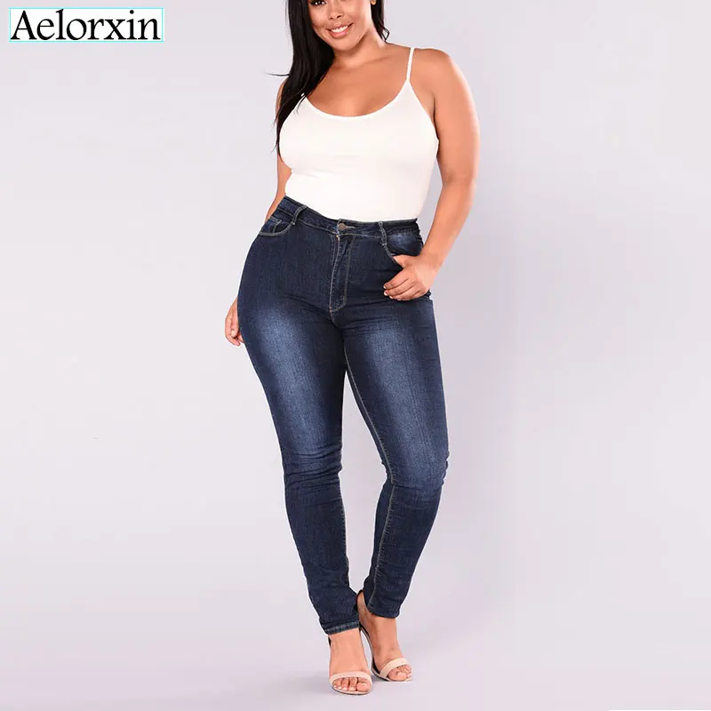 2019 New button Fashion Pass high waist elastic big code Women's wear jeans |