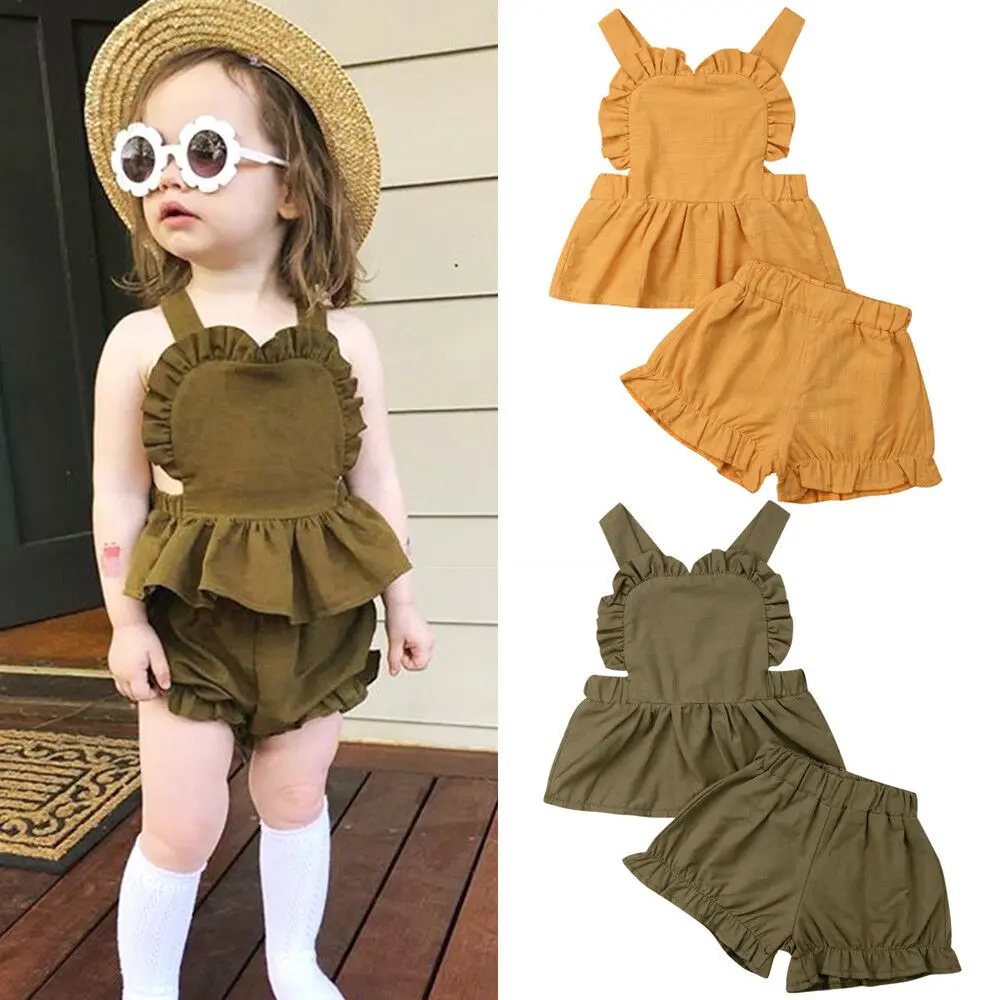 

0-3Y Summer Cute Lovely Infant Kids Baby Girls Boys 2PCS Sets Ruffles Sleeveless Backless Vest Tops+Shorts