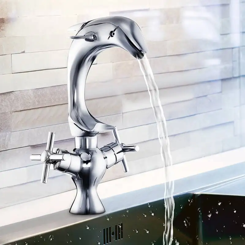 

Copper Dolphin Style Waterfall Basin Faucet Double Handle Bathroom Dual Hole Hot And Cold Mixer Tap Chrome Polished Deck Mounted