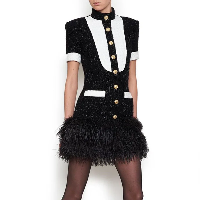 

2018 Winter Runway Designer Turtleneck Black and White Metal Button Fashion Feather Stitching Elegant Mini Dress