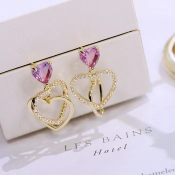 

Lovely Fashion gold color Purple gradient colors Heart CZ stone Double Heart Shake Drop earrings Women Jewelry office Lady Style