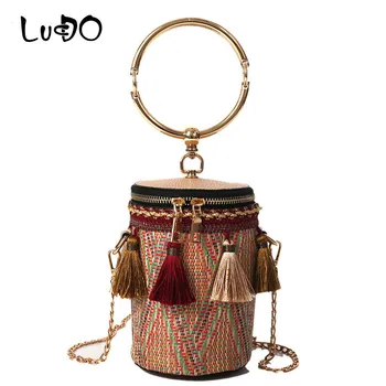 

LUCDO Woven Tassel Barrel Shaped Straw Bags Totes Ring Metal Handle Handbags Women Knit Bucket Mini Cylindrical Messenger Purses