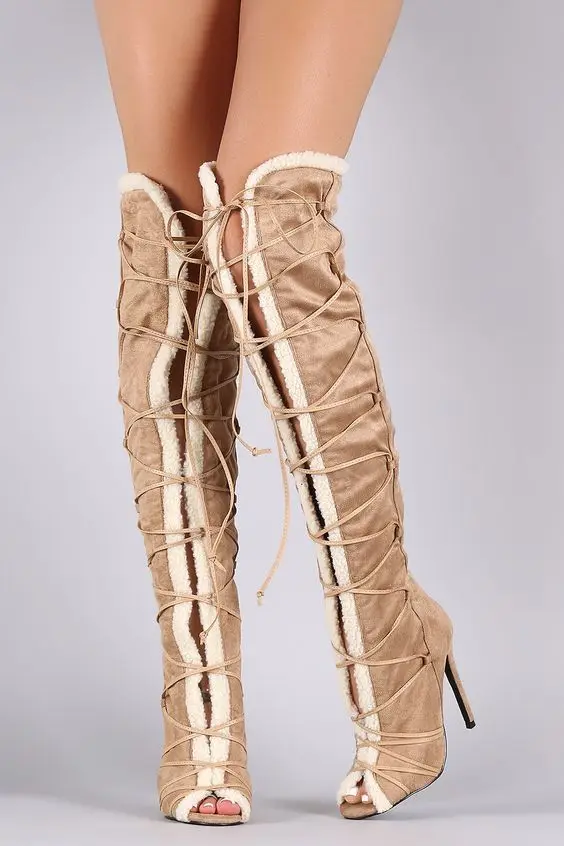 

Dipsloot 2019 Ladies Sexy Fur Stiletto High Heels Spring Gladiator Sandals Boots Women Open Toe Lace-up Over-the-knee Boots