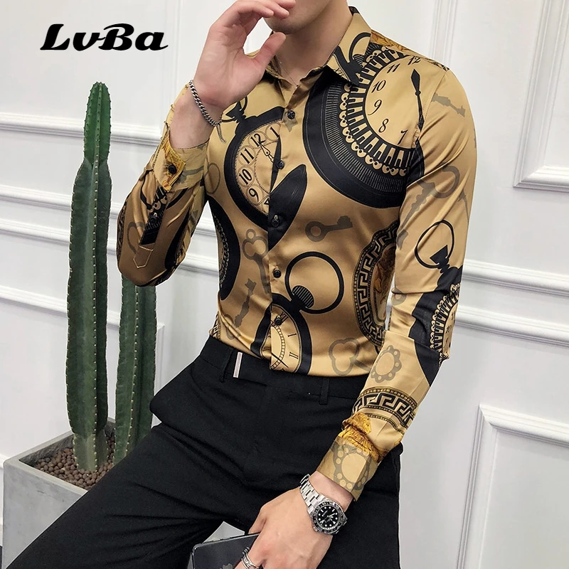 Turn-down Collar Clock Print Shirt British Slim Long Sleeve Fashion Black Golden Casual