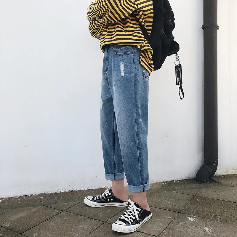 2019 new baggy homme men Holes summer blue Jeans big size Male Nine Part Directly Cuffless Trousers