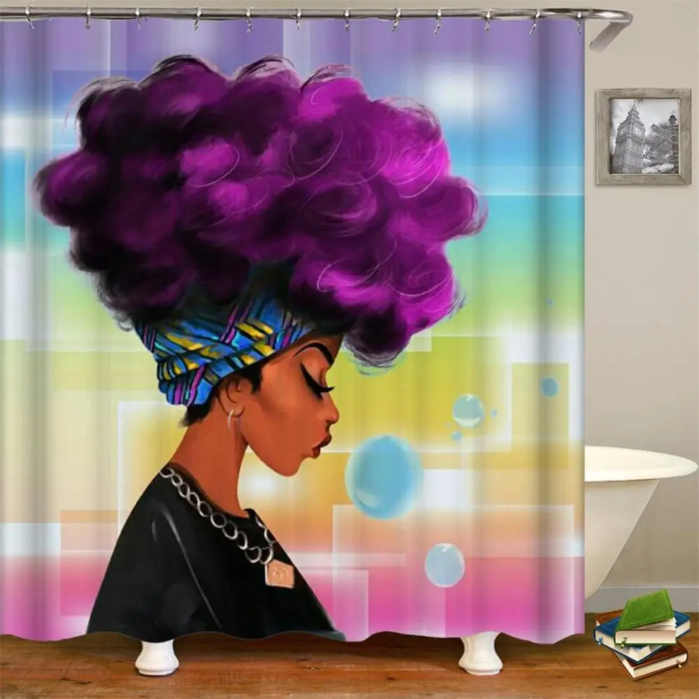 

Africa Black Woman Shower Curtain Local Female with Necklace Earring and Ethnic Turban Ornaments Fabric Bathroom Curtain
