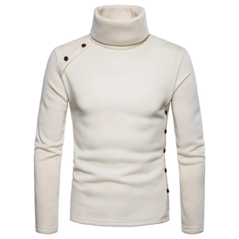 

New Men's Winter Pullover Sweaters White 2019 Solid Slim Cotton Full Sleeve Button Decoration Turtleneck Sweater Warm Promotion