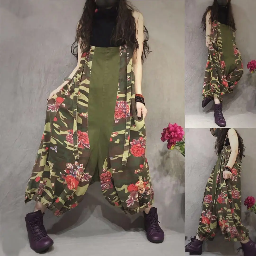 

Army Green Printed Wide Leg Bib Overalls Women Vintage Oversized Jumpsuits hip hop Boyfriend Big size dance Drop Crotch Rompers