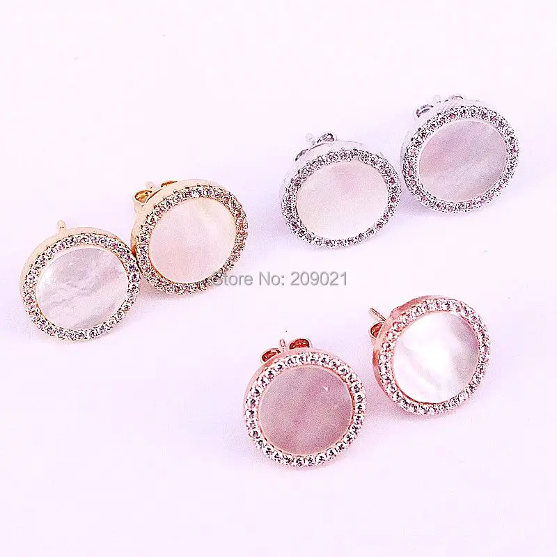 6 пар золото/серебро/розовое золото очарование инкрустированный цирконами круглой формы оболочки серьги гвоздики для женщин ювелирные украшения свадебные серьги подарок