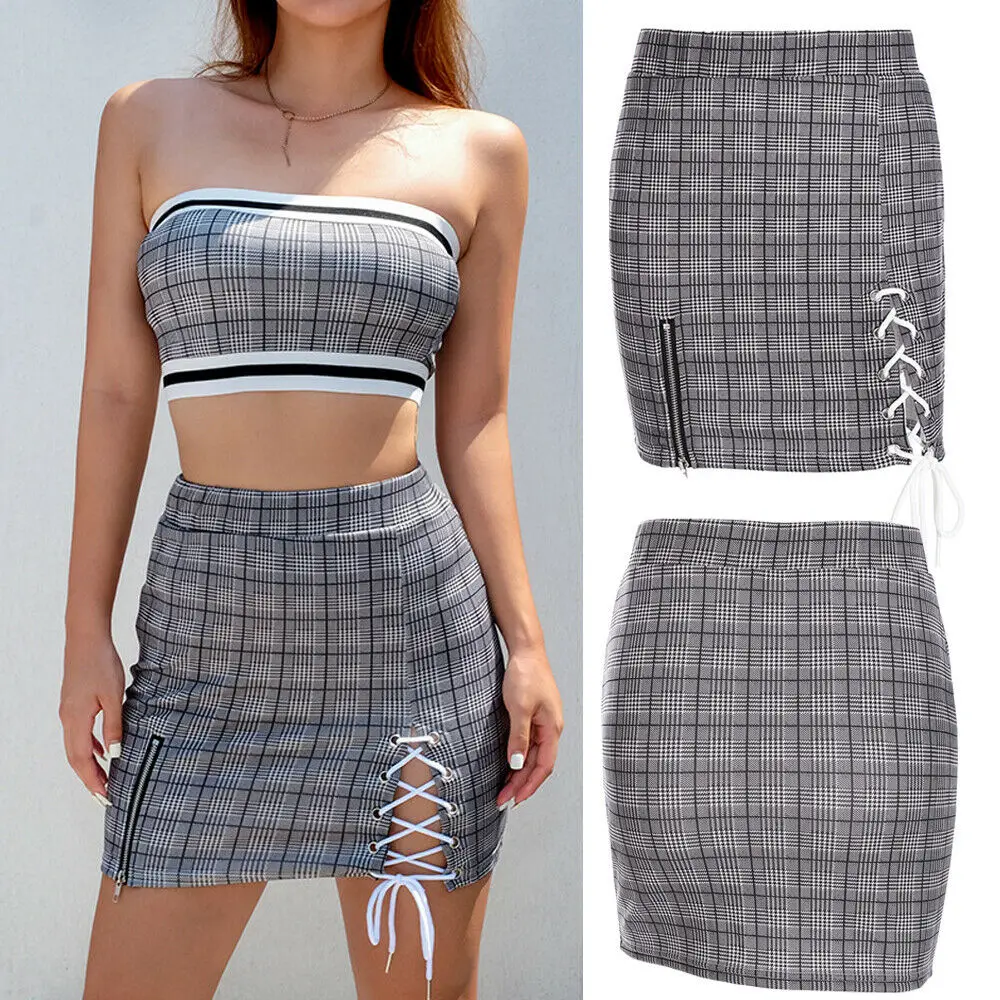 2019 Newest Hot Women High Waist Denim Plaid Zipped Skirt Bodycon Slim