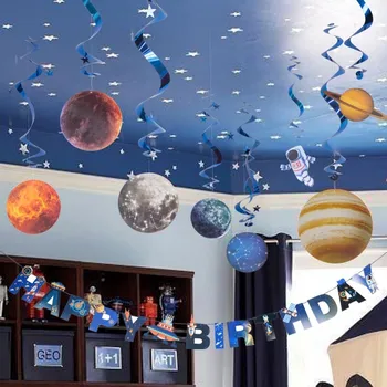 

Space Theme Kids Birthday Decorations With Happy Birthday Banner Hanging Swirls Cake Topper Planet Pattern Children Home Decor