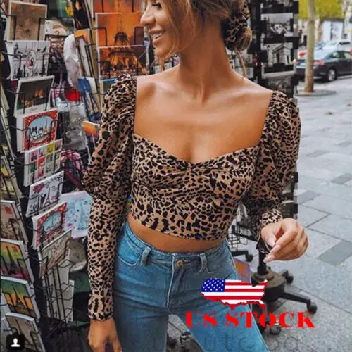 

US Women Scoop Neck Long Sleeve Leopard Crop Tops Ladies Bandage Blouse Crop Tops Shirt