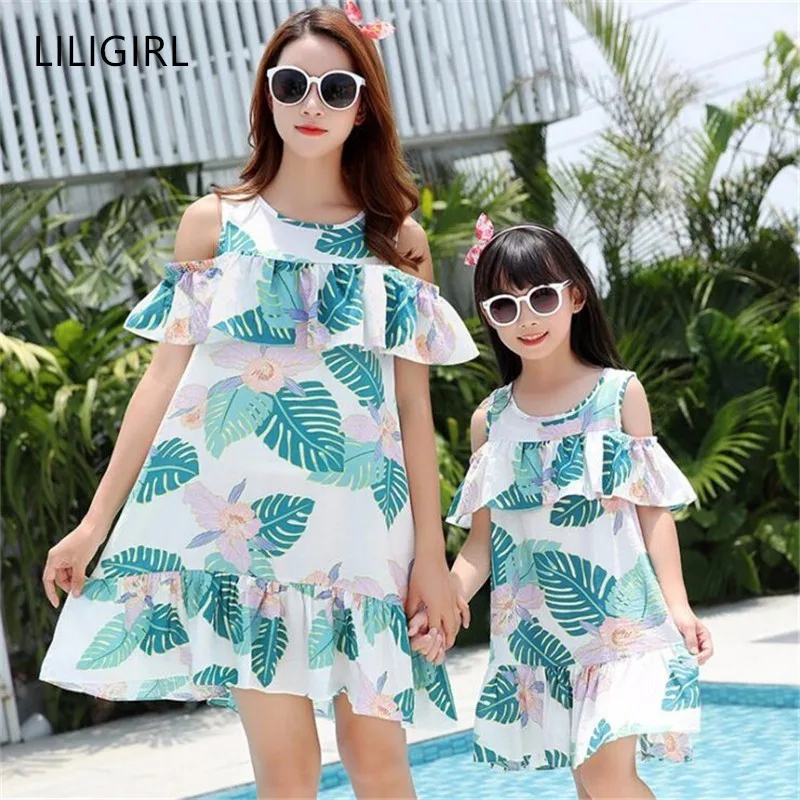 

LILIGIRL Mommy and Me Summer Kids Dresses for Girls Mother Daughter Print Beach Maternity Dress Family Matching Clothes Outfits