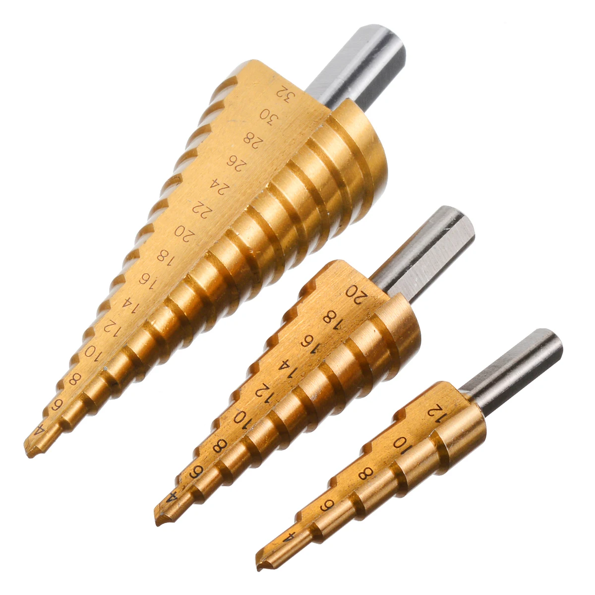 

3pcs 4-12/20/32mm HSS Titanium Coated Step Cone Drills Bit Woodworking Hole Milling Cutter Set Power Tools