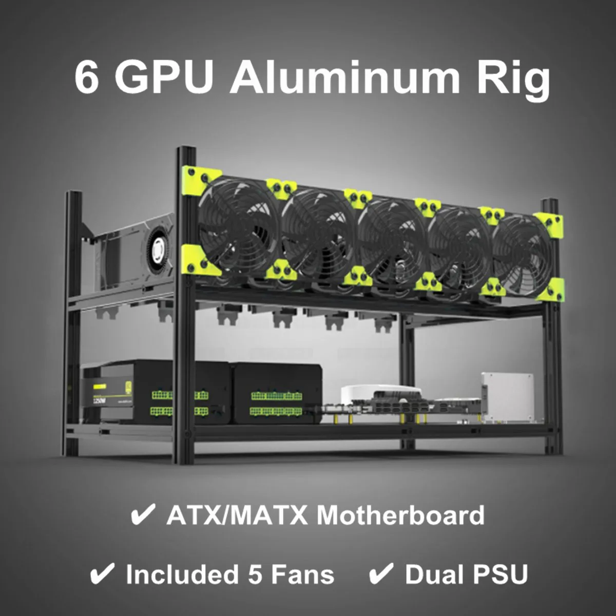 

Professional 6GPU Aluminum Miner Frame Rig Stackable Open Air Mining Case 5 Fans Computer Components Dual Power Supply Kit Set