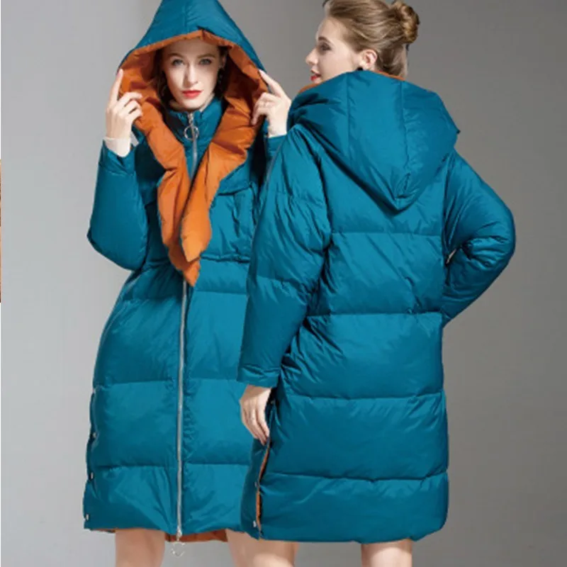 

Blue Hooded Fashion Long Down Jacket New Casual Winter Jacket Coat Women Large Pocket Plus Size Feather Overcoat Female Ls217