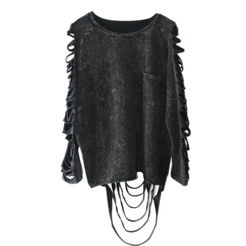 

Rosetic Women Oversized Black T Shirt Loose Casual Long Sleeve Tassel Punk Punk Summer Round Neck Basic Hole Top