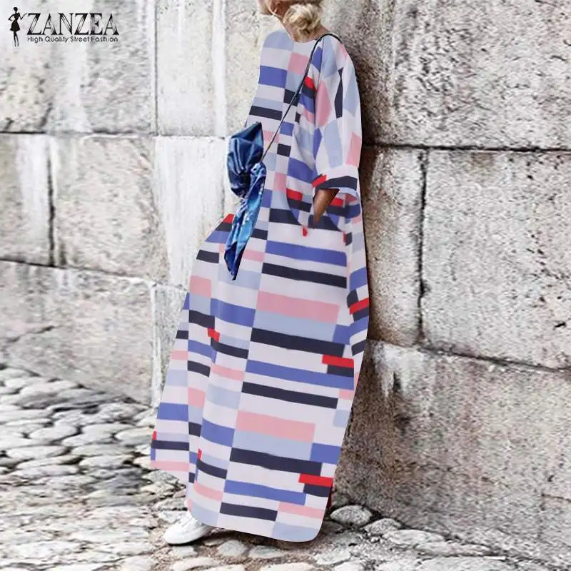 Винтажное мешковатое Платье с принтом, женский летний сарафан ZANZEA, модное длинное платье с рукавом 3/4, Повседневное платье с цветочным рисунком размера плюс 5XL
