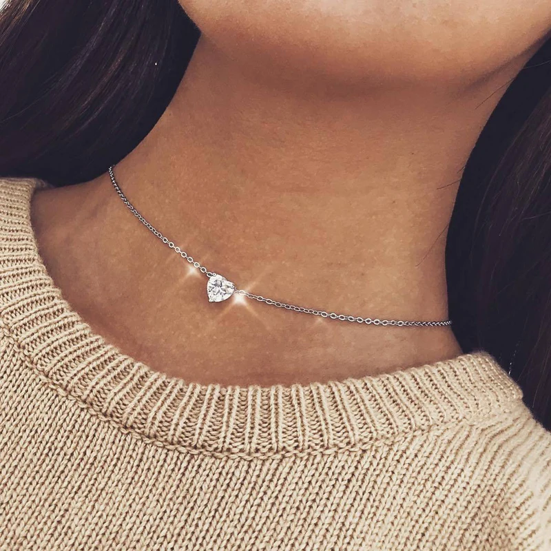 

Women Personalized Crystal Tiny Heart Choker Necklace Gold Silver Filled Chain Love Pendant on neck Bohemian Necklaces Jewelry