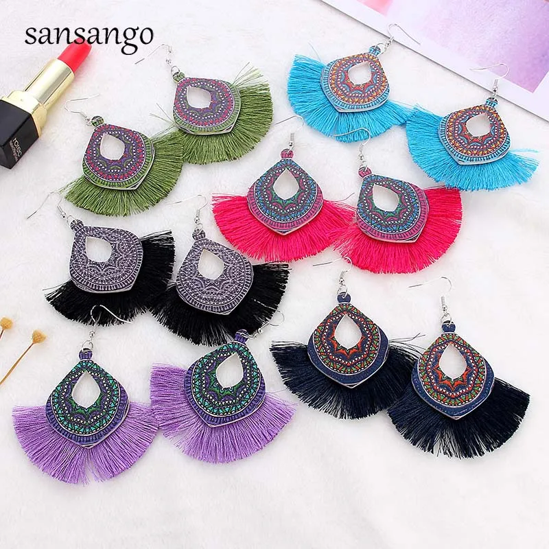

Multi-styles Ethnic Colorful Long Tassel Dangle Earrings Wood Printing Water Drop Shape Earrings For Women Jewelry Party Gift