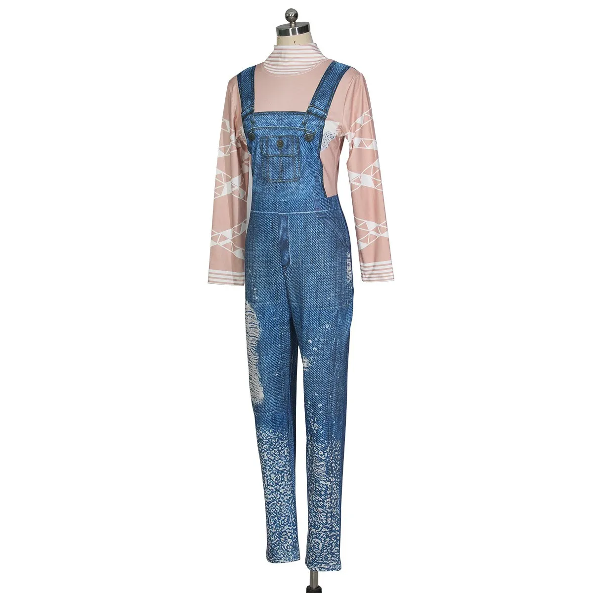 Women Long Sleeve Denim Jumpsuits Turtleneck Geometric Print Slim Back Zip One Piece Overall Casual Rompers