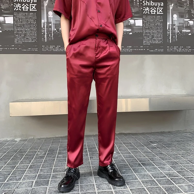 

Men's Trousers 19 Summer New Loose Solid Color Fashion Satin Temperament Nine Points Pants Straight Youth Casual Men's Clothing