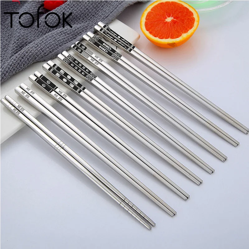 

Tofok Chopsticks Stainless Steel Chinese Word Flowers Pattern Reusable Anti-skid Tableware Christma Kitchen Sushi Food Sticks