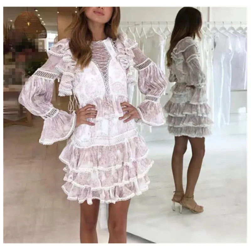

Spring 2019 Hollow Out Women Print Dress Fashion High Waist Ruffles Dress Flae Sleeve Mini Dresses