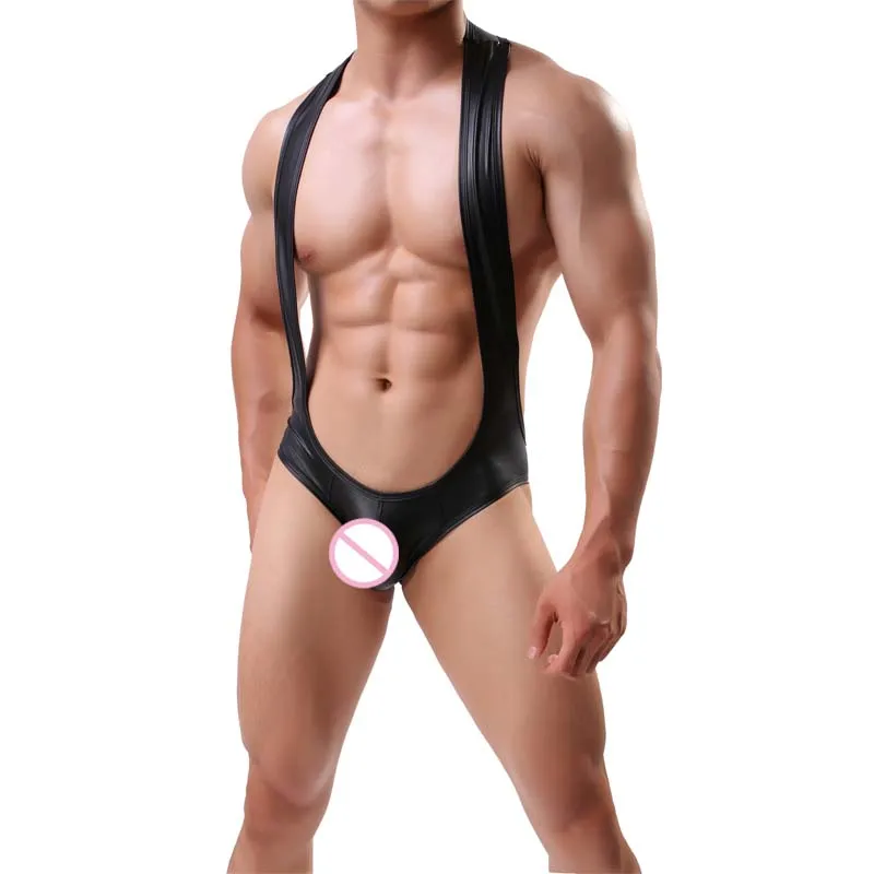 Сексуальное Мужское боди из искусственной кожи PU борцовское трико с открытой попой комбинезон на подтяжках Боди Цельные боди костюмы