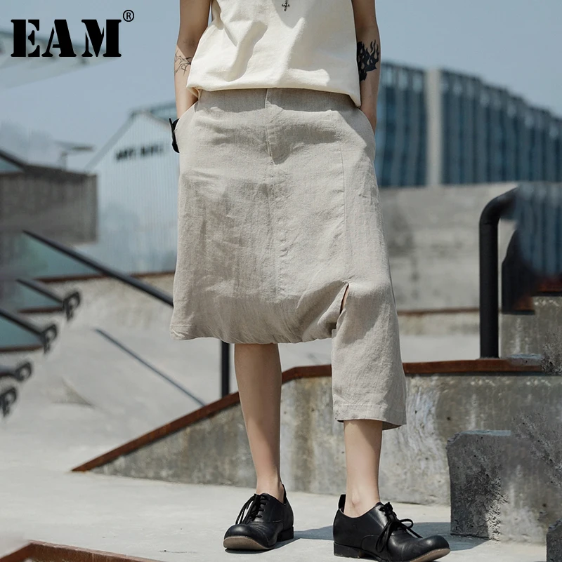 [EAM] Новинка, осенне-зимние черные брюки с высокой талией, льняные женские брюки, модные брюки JT542