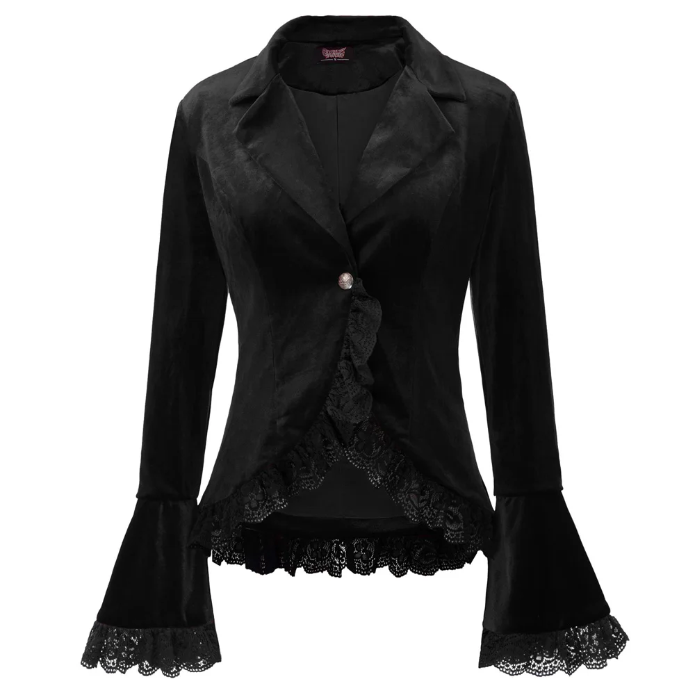 

Retro Punk Rave Gothic Women Velvet Lace Ruffle Jacket Steampunk Victorian Coat