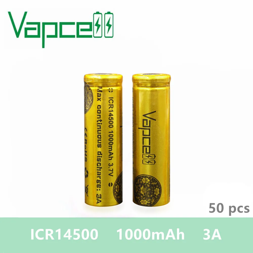 

50pcs Vapcell 14500 1000mah 3A battery ICR14500 ICR For flashlights small power tools Hot sell high capacity VS keeppower