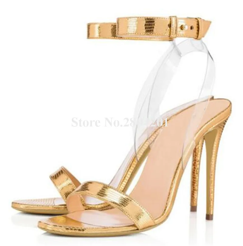 

Women Elegant Open Toe PVC Transparent Stiletto Heel Sandals Gold Silver One Strap High Heel Sandals Dress Shoes