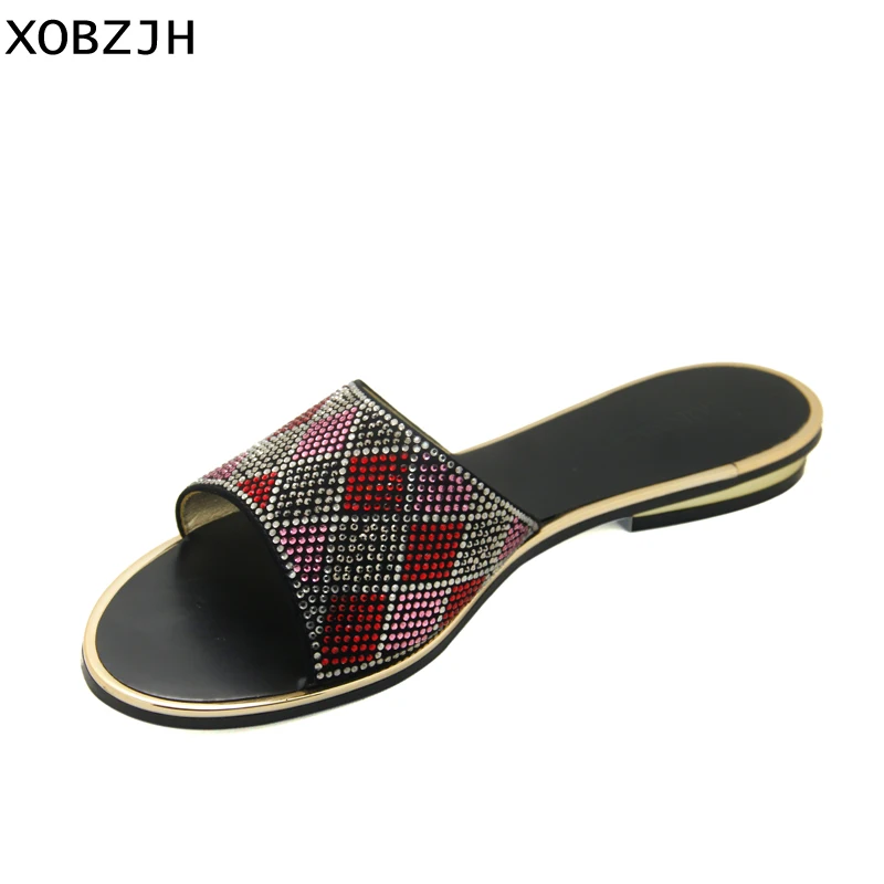 

XOBZJH Women Sandals 2019 Summer Black Luxury Rhinestone Wedding Party Slip-On Flat Sandals Geometric Open Toe Ladies Shoes Plus