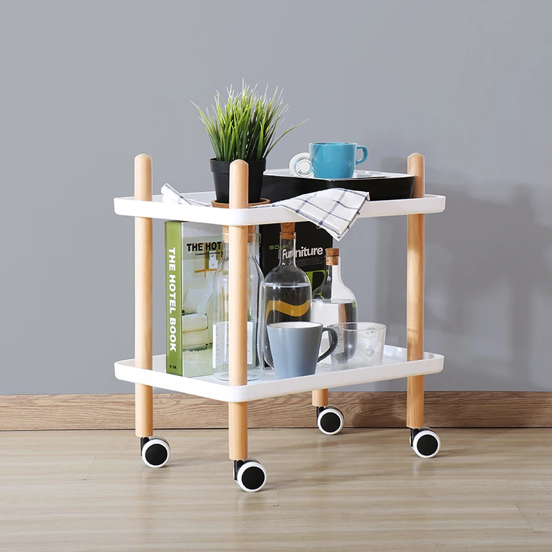Modern Design popular 2 Layer moving Side Table Solid Wooden Plastic Storage bedside night table multi function little cart |