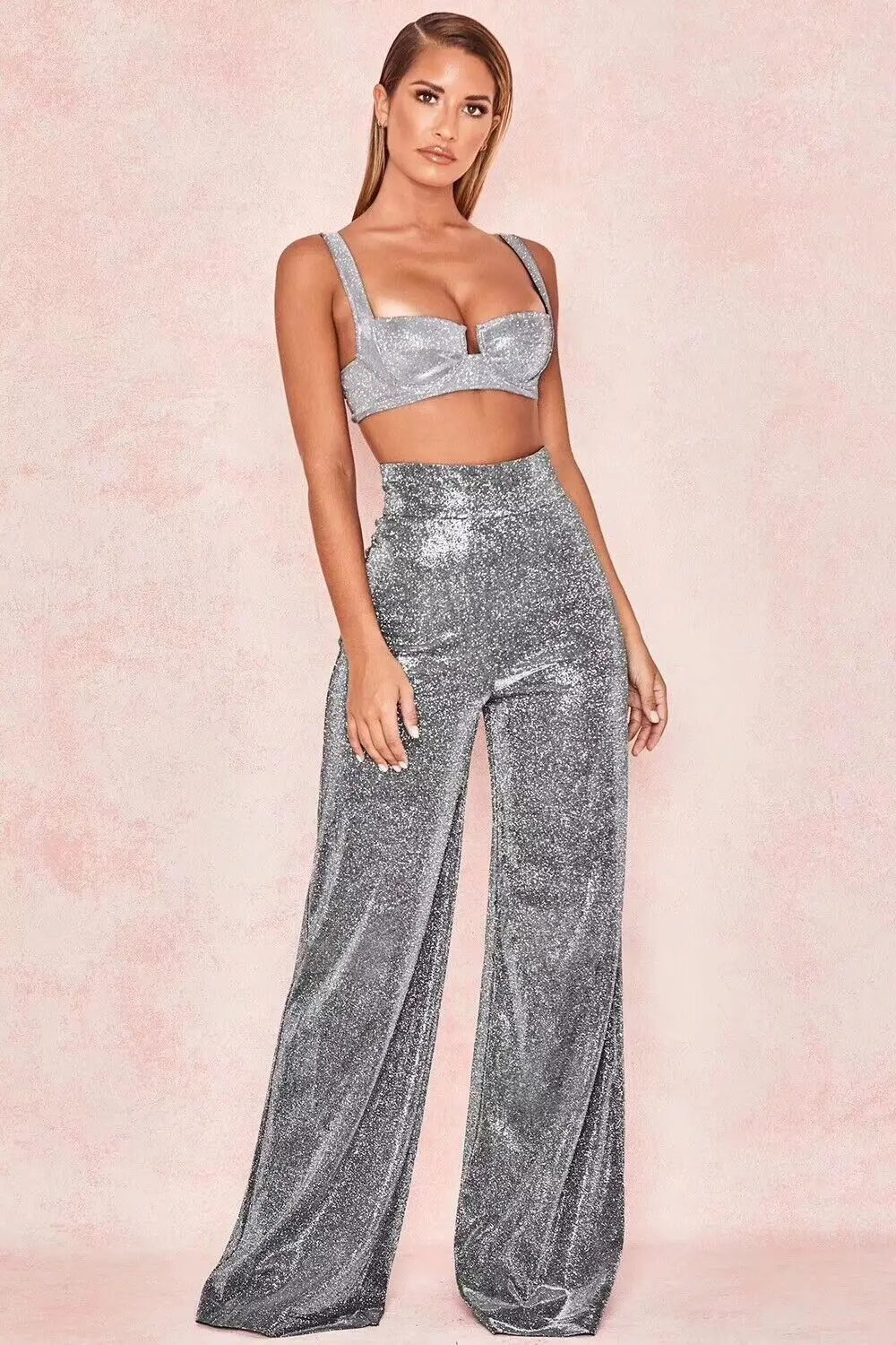 

Celebrity High Quality Grey 2 Pieces Set Fashion Set Night Club Party Set