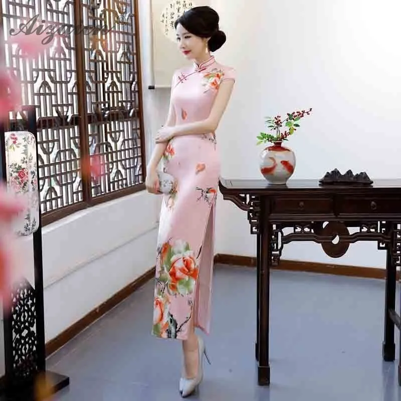2019 Новый печати Cheongsam подобные шелковые длинные платья Oriental стиль Qipao для женщин китайское традиционное платье винтажное платье Qi Pao