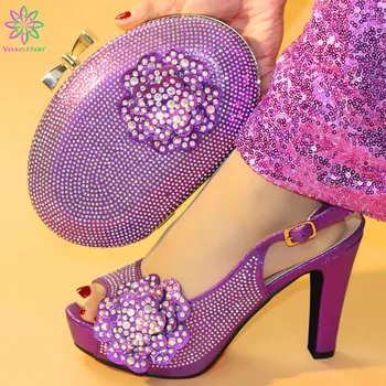 

Elegant Women Shoes and Bag L.Purple Color Italian Shoes and Bag Matching Set New Fashion Design Women Pumps Crystal Shoes