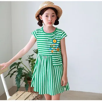 

Summer 2020 Korean Style Kids Girls Striped Cotton Aline Dresses Children Knee Length Beach Sundress For Teens Party Clothing