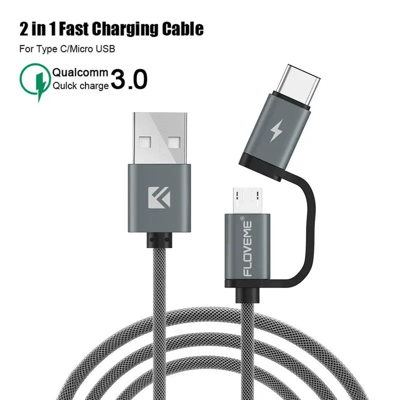 

Data Cable For Floveme QC3.0 Fast Charge Micro TYPE-C Two In One Flash Charge Charging Cable PVC Tinned Copper Core Wire