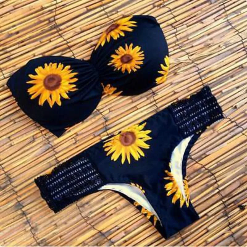 

Sexy Swimwear Womens Summer Beach e Bikini Set Padded Push Up Bandeau Sunflower Swimsuit Bathing Suit Beachwear Biquin