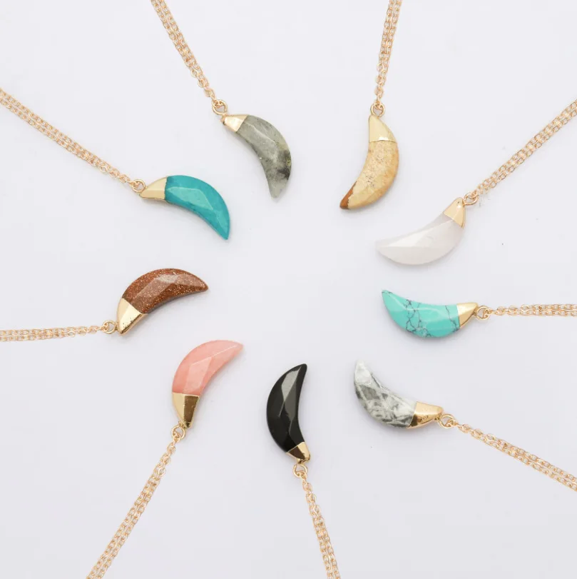 

Unique Natural Stone Fluorite Charms Pendant Unique Crystal moon shape Women DIY Fit Necklaces For Jewelry Making 50cm