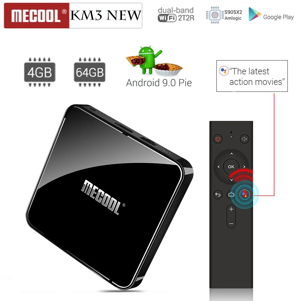 

MECOOL KM3 Smart TV Box Android 9.0 Amlogic S905X2 4GB DDR4 64GB ROM Voice Control 2.4G/5G WiFi Bluetooth USB 3.0 4K Set Top Box