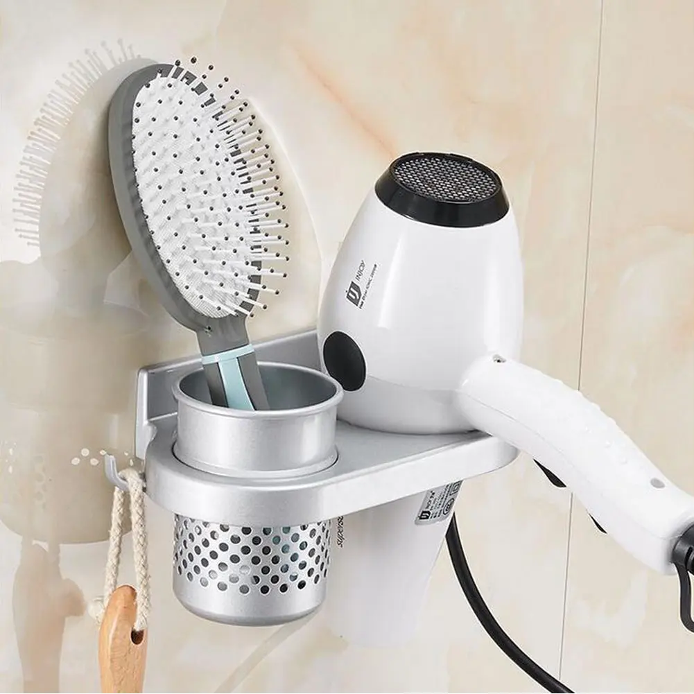 

Aluminum Bathroom Storage Wall-mount Washroom Hair Dryer Holder Blower Storage Organizer w/ A Cup Bathroom Commodity Shelf New