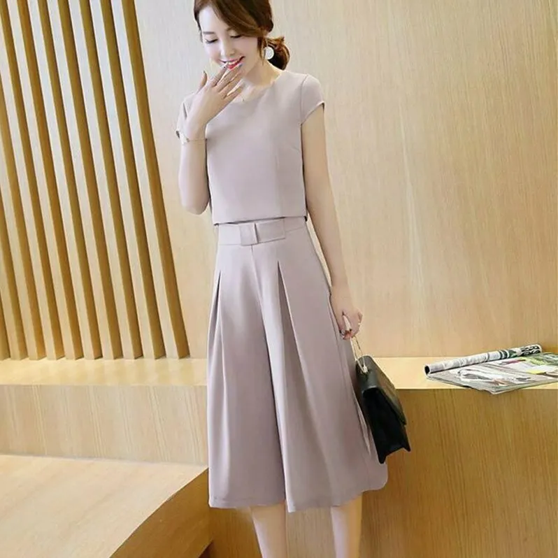 

Women Business Suit 2 Piece Set Female Office Work Wear Casual Chiffon Shirt Tops And Wide Leg Pants Suit