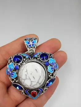 

China Old Tibetan Silver Cloisonne White Jade Heart-shaped Pendant