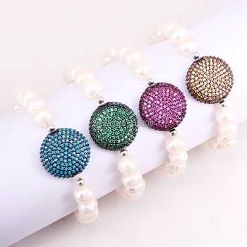 

5 Strands ZYZ320-7190 Natural Fresh Water Pearl with Round CZ Micro Pave Spacer Connector Beads Charm Bracelets