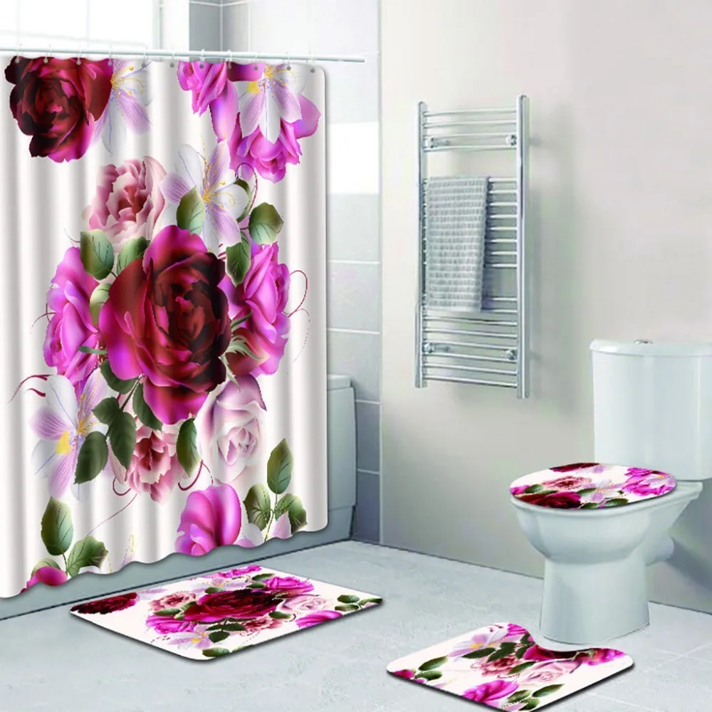 

4pcs Sea Style Non Slip Toilet Polyester Cover Mat Set Bathroom Shower Curtain Bathroom Decor Washable Non-slip Modern