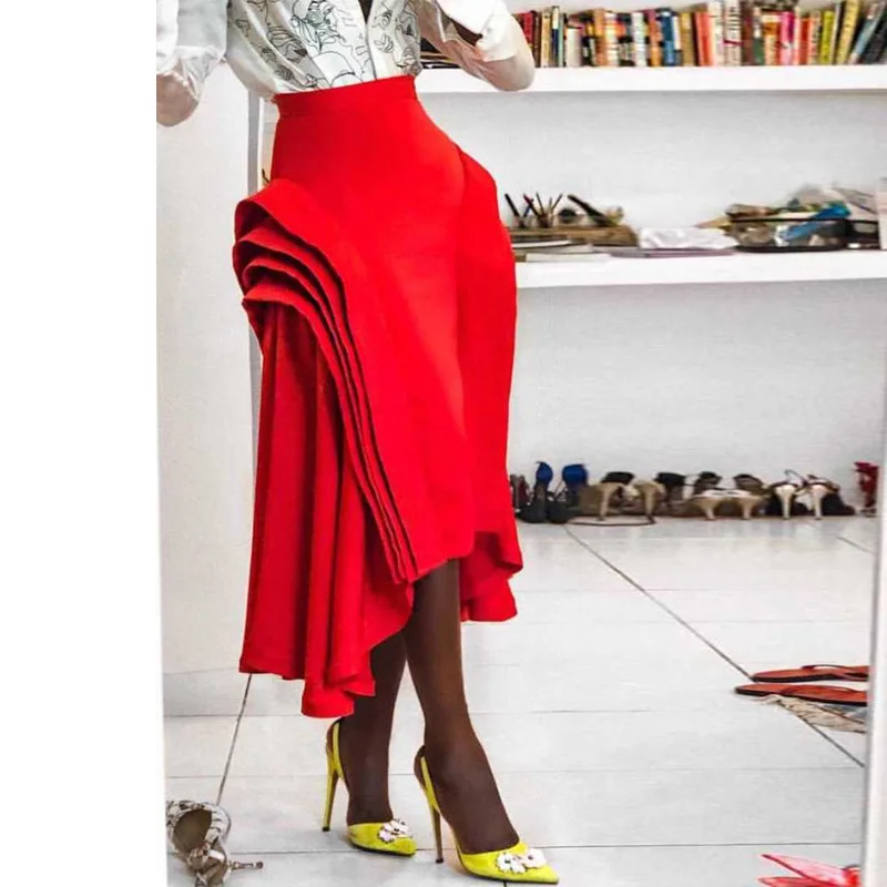 

2019 Summer Fashion Women Solid Color Layer Ruffled Skirt Lady Red High Waist Zipper long Irregular Pleated Skirts