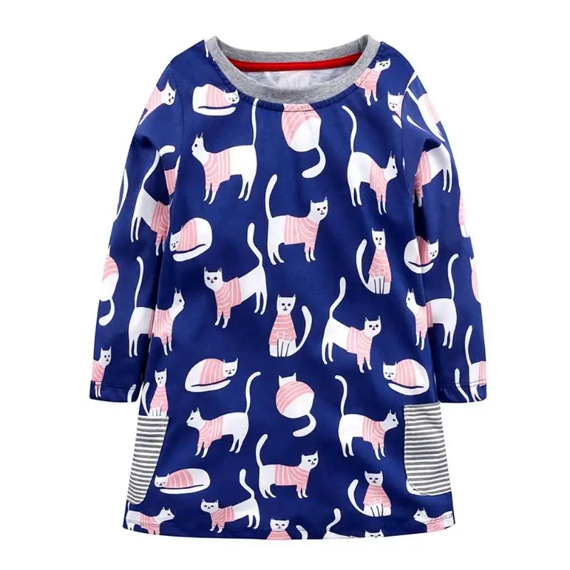 

2018 Kids Baby Girls Cats Striped Princess Dress Baby Girls Autumn Long Sleeve Printed Dress Knee Length Cartoon Cat Dresses